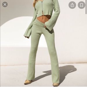 Tiger Mist I light green high rise ribbed sweater flare pants